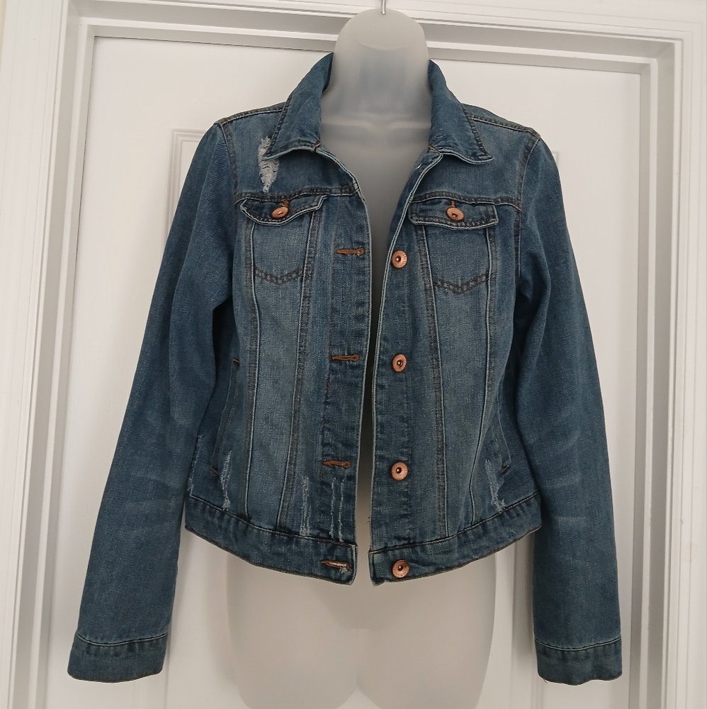Ci Sono Distressed Blue Jean Jacket with Traditional Design